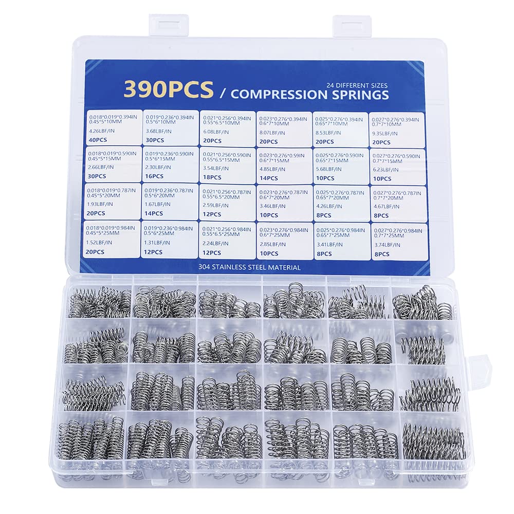  Compression Springs Assortment Kit, 390 Pcs 24 Different Sizes Stainless Steel Springs, Spring Assortment for Shop and Home Repairs 